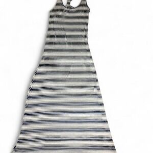Blue and white striped maxi dress with scoop neckline racerback sheer dress